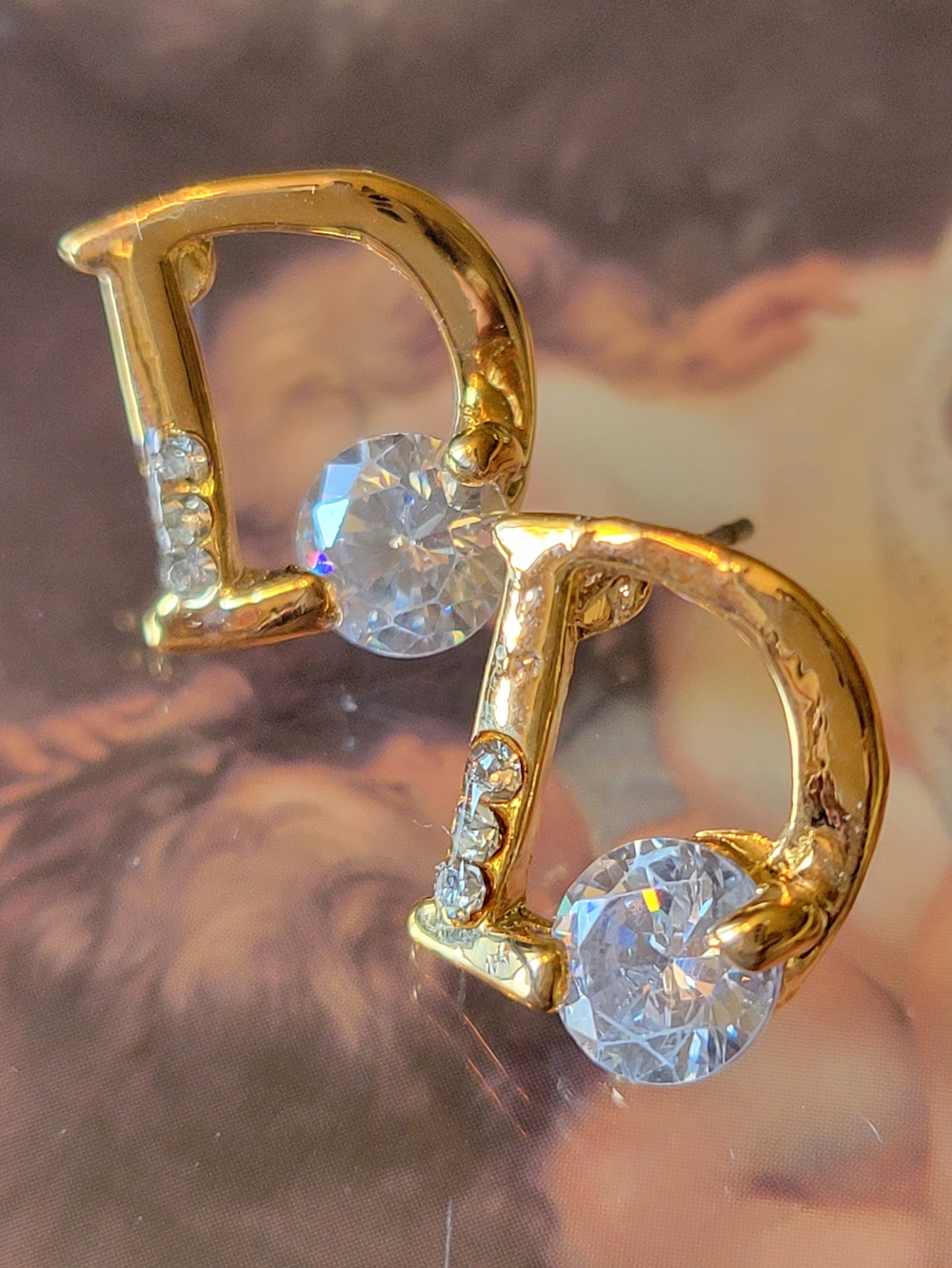 Gold Stud Earrings Letter "D" Crystal - Women Jewelry